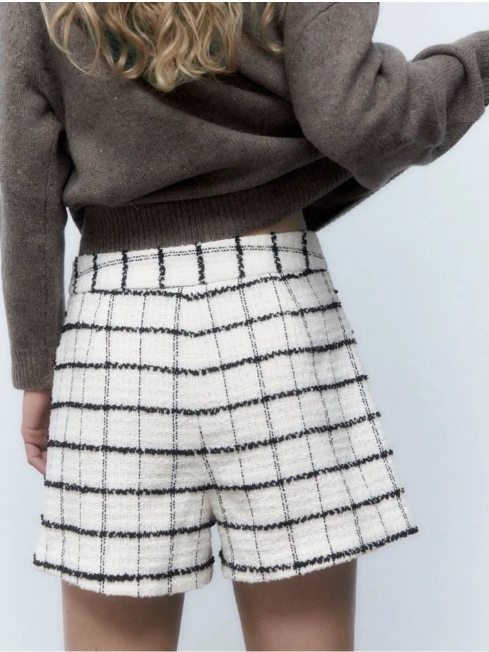 Zara High Waisted Tweed Check Bermuda Shorts Wool Blend Ivory Black S